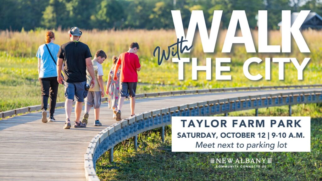 People walking on a wooden path in a park with text "Walk With The City" and event details for Taylor Farm Park, Saturday, October 12, 9-10 A.M., meet next to parking lot.