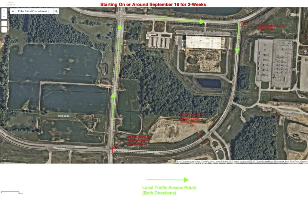 Road closure map marking specific access routes, starting on around September 16 for 2 weeks; certain roads are marked as closed to local traffic only.