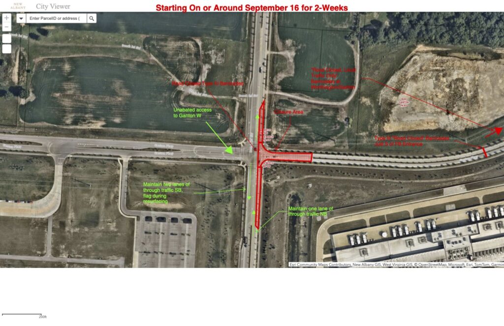 Map marking road closure and traffic management plan starting on or around September 16 for two weeks, showing barricades, closure areas, and traffic lanes on Beech Road and Ganton Parkway in New Albany.