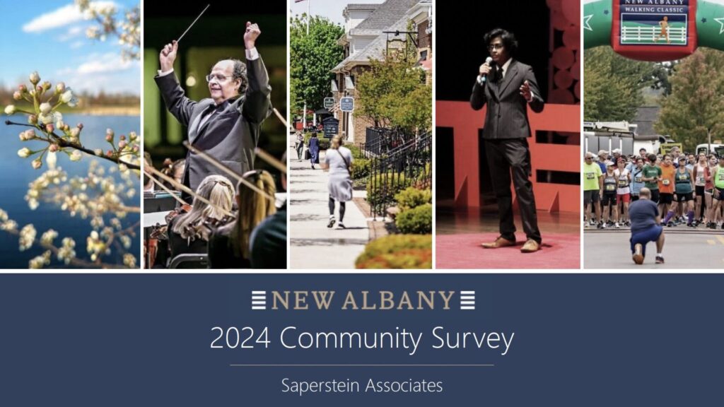 New Albany 2024 Community Survey cover image, featuring photos of blooming flowers by a lake, a conductor and orchestra, people walking on a residential street, a public speaker, and a running event.