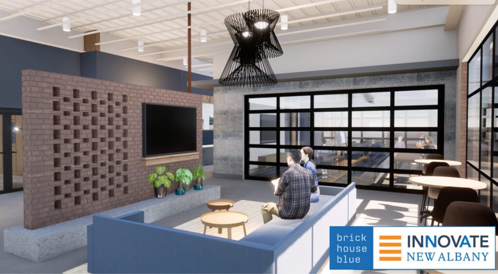 Modern office lounge area with a brick accent wall, a large TV, blue seating, plants, and logo of Brick House Blue and Innovate New Albany.