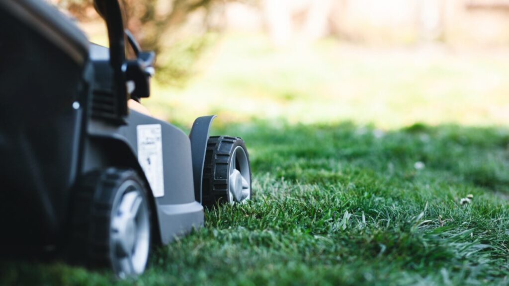 Close-up of a lawn mower on grass.