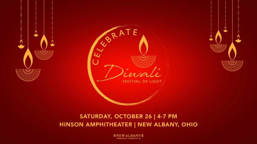 Celebrate Diwali Festival of Light poster with diya designs, event details for Saturday, October 26, 4-7 PM at Hinson Amphitheater, New Albany, Ohio, on a red background.