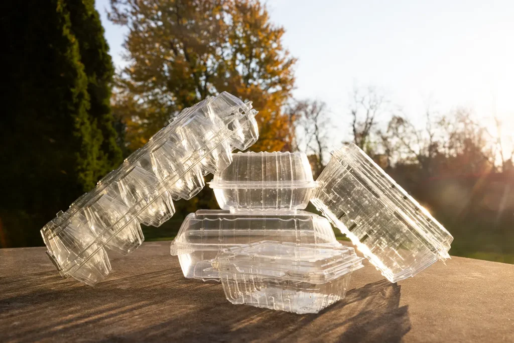 A stack of clear plastic clamshell containers outdoors with sunlight shining through, against a background of trees.