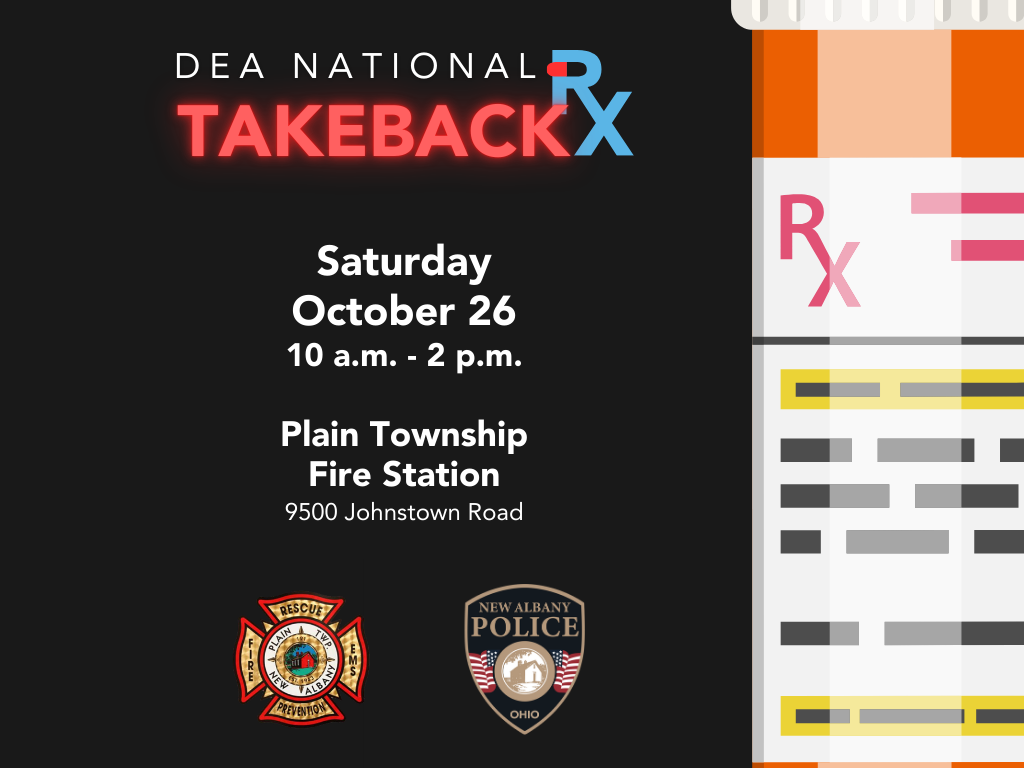 DEA National Take Back Day flyer, October 26, 10 a.m. to 2 p.m. at Plain Township Fire Station, 9500 Johnstown Road, with fire department and police logos.