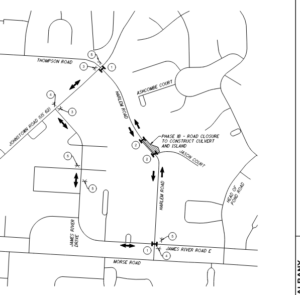 Map showing road closure on Harlem Road at Jason Court for culvert and island construction, with detour routes on Johnstown Road, James River Drive, and nearby streets.