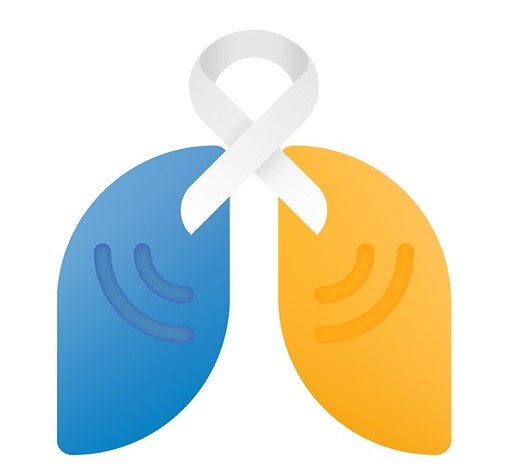 Stylized illustration of lungs with a white awareness ribbon at the top, one lung in blue and the other in yellow.