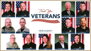 A collage thanking veterans with portraits of individuals in uniform, accompanying text, and a logo for New Albany.