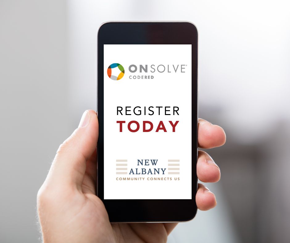 A hand holding a smartphone displaying a screen with the Onsolve logo, "REGISTER TODAY" text, and New Albany community logo.