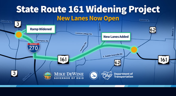 State Route 161 Widening Project map showing new lanes and ramp widening from Route 3 to Route 62, with Ohio Department of Transportation and Governor Mike DeWine logos.