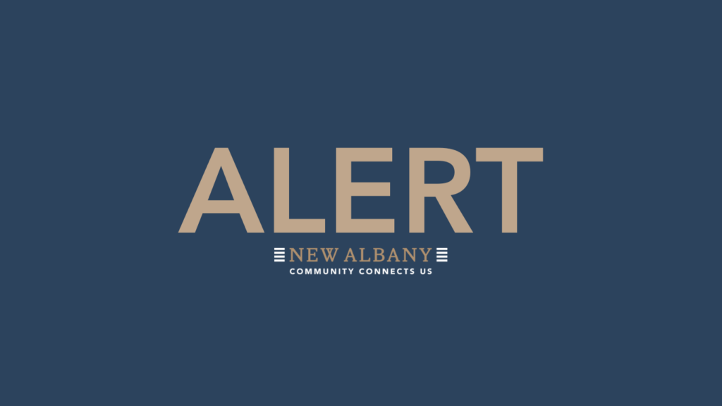 "ALERT" text with "New Albany Community Connects Us" on a blue background.