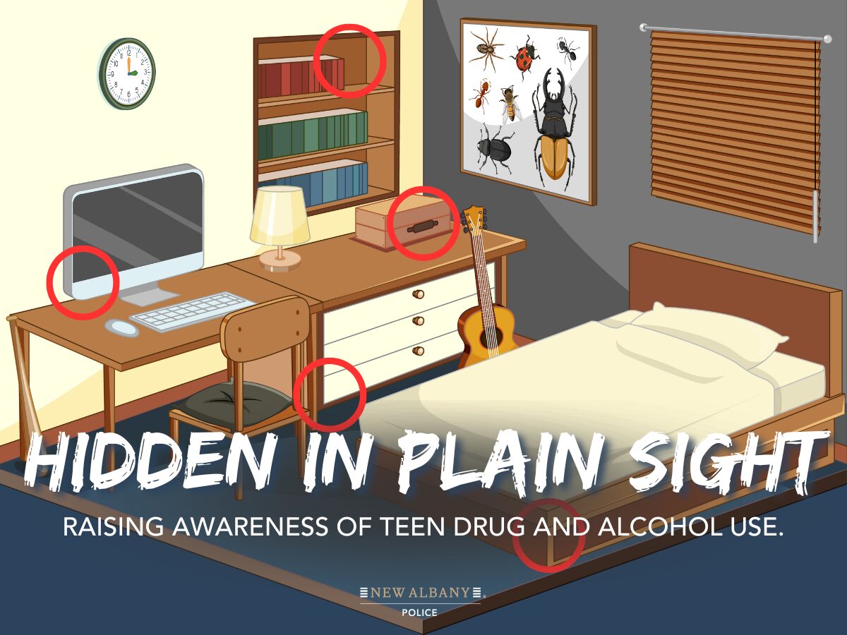 Illustration of a bedroom with red circles highlighting potential hiding spots for items, including a computer, books, drawer, and guitar. Text reads: "Hidden in Plain Sight. Raising Awareness of Teen Drug and Alcohol Use."