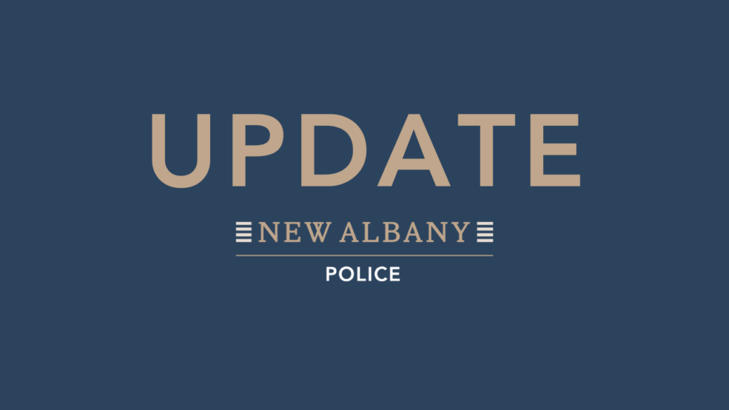 "Update" text with "New Albany Police" beneath on a dark blue background.