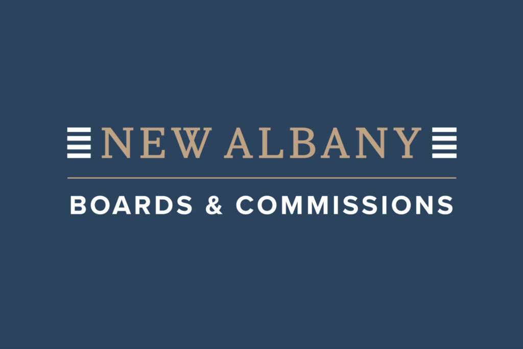 Logo with the text "New Albany Boards & Commissions" on a blue background, with horizontal stripes beside "New Albany."