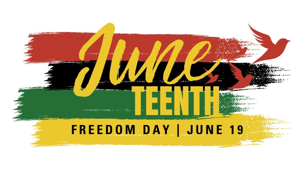 Graphic design featuring the words "Juneteenth Freedom Day | June 19" in yellow and black text over a textured, horizontal brushstroke background in red, black, and green with red birds flying to the right.