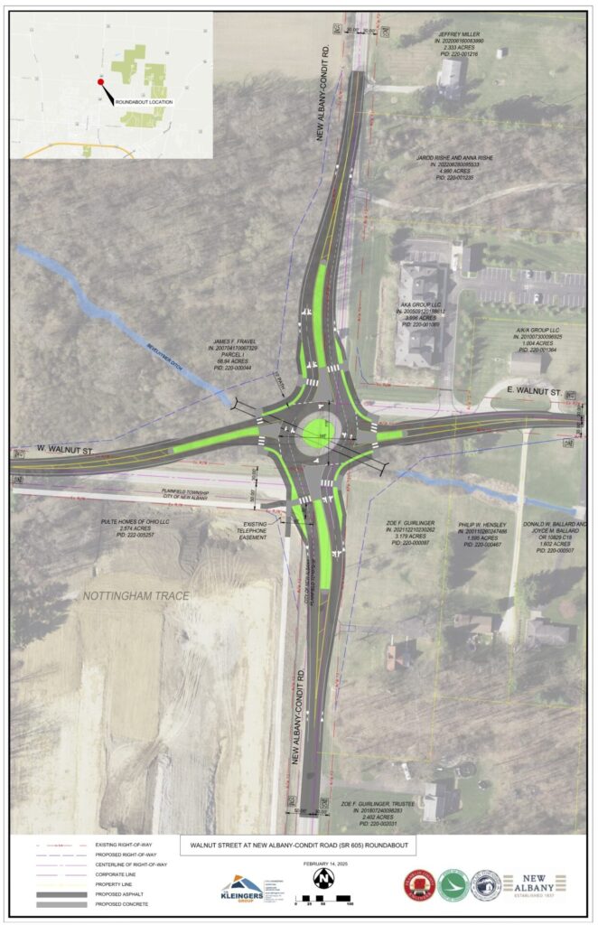 Engineering plan map of the Walnut Street and New Albany-Condit Road roundabout, showing layout with lanes, sidewalks, crosswalks, property boundaries, acreage details, easements, and nearby buildings in an aerial background, with an inset indicating the roundabout location on a broader map.