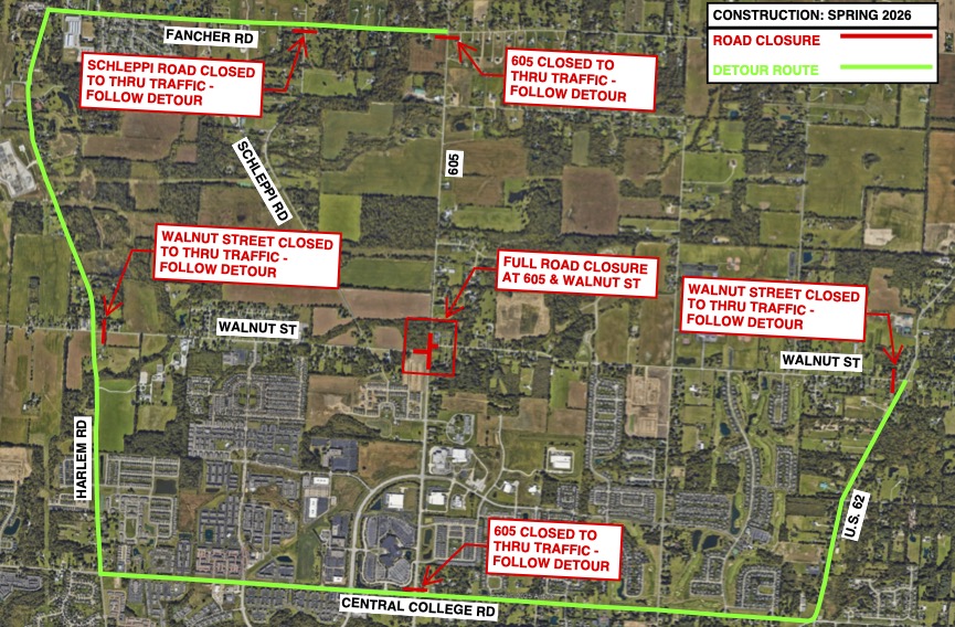 Aerial map showing road closures and detour routes for construction in spring 2026; red lines mark road closures at intersections including 605 and Walnut Street, Schleppri Road, and Walnut Street, while a green line outlines the designated detour route around Harlem Road, Central College Road, US 62, and Fancher Road.