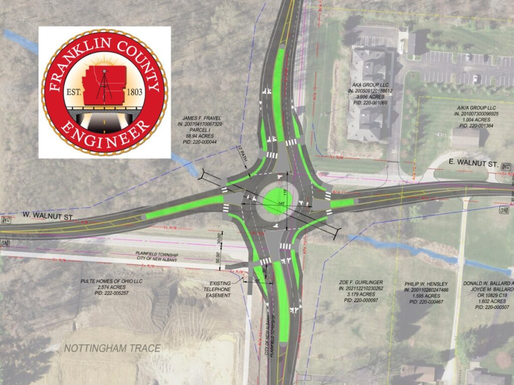 Map of a roundabout intersection with marked streets including W Walnut St and E Walnut St, highlighting land parcels with owner information, acreage, and parcel IDs, along with a Franklin County Engineer logo in the top left corner.