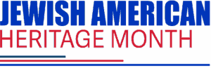 Text reading "Jewish American Heritage Month" in bold blue and red letters with blue, red, and dark blue horizontal lines underneath.