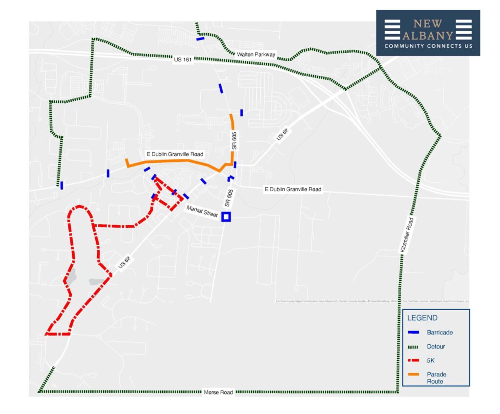 Map of New Albany showing routes and barricades for an event, including a red dashed 5K route looping on US 62, an orange parade route along E Dublin Granville Road and SR 605, green dotted detour routes around the perimeter on US 161, Walton Parkway, Kitzmiller Road, and Morse Road, and several blue barricades along the routes.