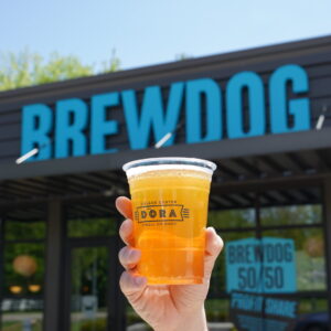 Hand holding a clear plastic cup filled with a golden beer in front of a BrewDog bar with a large blue BrewDog sign on the building.