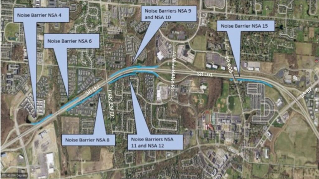 Aerial view of a highway with labeled noise barrier areas NSA 4, 6, 8, 9, 10, 11, 12, and 15 marked along the road near intersections with SR 161, Harlem Rd, New Albany Rd, SR 605, and US 62.