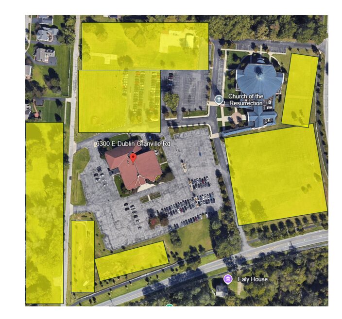 Aerial map of 6300 E Dublin Granville Rd area with multiple yellow highlighted rectangular zones surrounding a central building with a red roof and several parking areas, nearby landmarks include Church of the Resurrection and Ealy House.