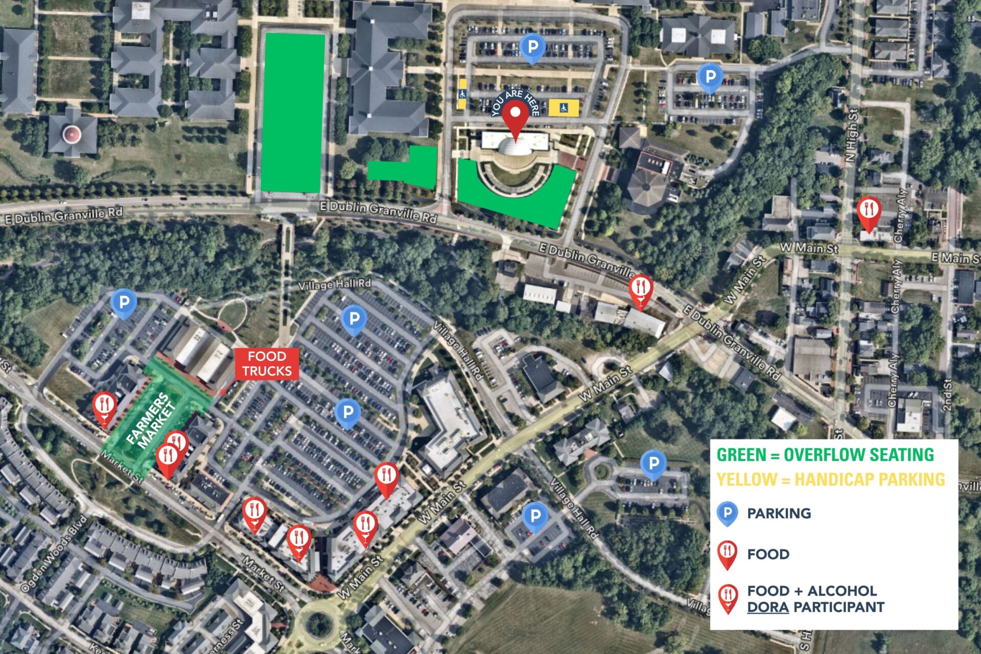 Aerial map view showing downtown area with marked parking lots in blue, food locations in red, food and alcohol locations marked separately, overflow seating areas highlighted in green, and handicap parking spots in yellow, with street names and a legend for symbols included.