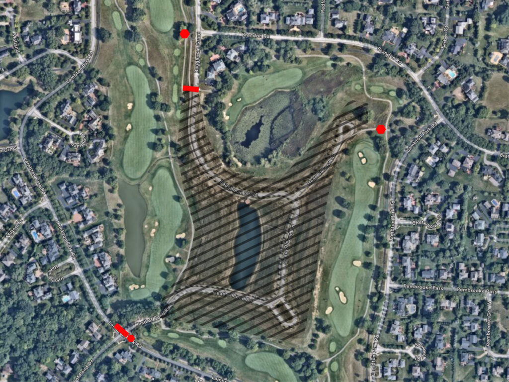 Aerial view of a golf course with marked red hexagons and rectangles, overlaid with black diagonal lines indicating a specific area around a pond and roads named Baughman Grant and Head of Pond Road, surrounded by residential neighborhoods and trees.