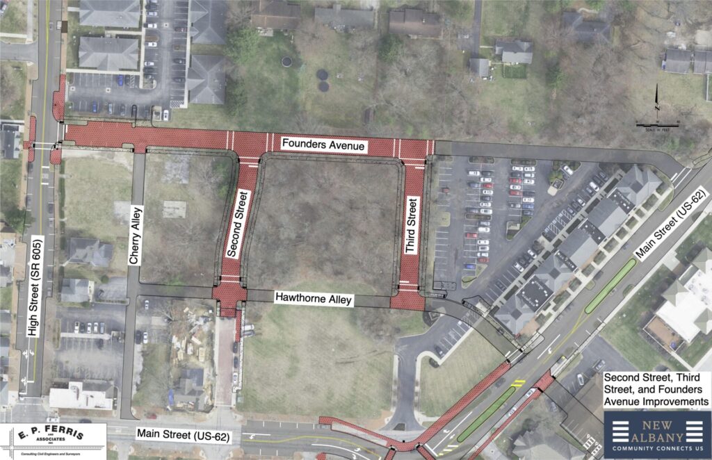 Aerial map showing Second Street, Third Street, and Founders Avenue with proposed improvements marked in red, located between High Street (SR 605) and Main Street (US-62) in New Albany, including streets Cherry Alley and Hawthorne Alley, parking lots, residential and commercial buildings.