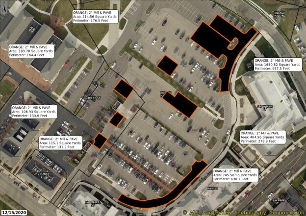 Aerial view of a parking lot and nearby buildings with multiple areas outlined in orange and labeled with details about their size and perimeter for milling and paving work, dated 12/15/2020.