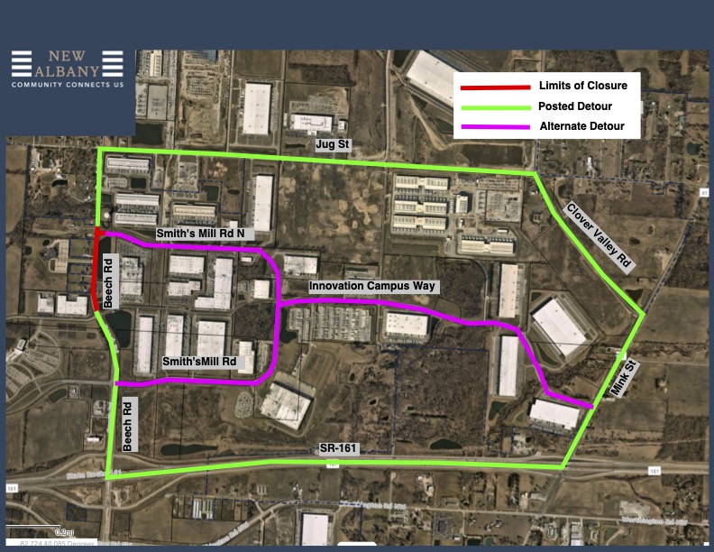 Aerial map of the New Albany Innovation Campus with a legend showing red (limits of closure), green (posted detour) and magenta (alternate detour) routes — the green detour skirts the perimeter along SR‑161, up Clover Valley Road, across Jug Street and down Beech Road, the magenta alternate cuts through the campus on Innovation Campus Way and Smith’s Mill Road connecting east and west facilities, and a short red segment marks the closed section near Smith’s Mill Road North and Beech Road, with building footprints and street labels visible.