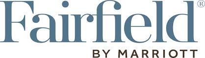 Fairfield by Marriott logo showing a large serif-style blue "Fairfield" wordmark with smaller brown uppercase "BY MARRIOTT" centered beneath.