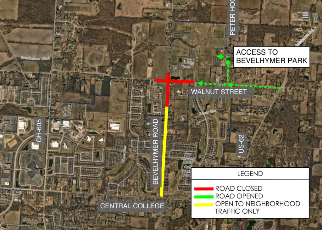 Aerial map of a suburban area showing Bevelhymer Road running north–south with a red cross at its intersection with Walnut Street indicating a road closure, a yellow segment south of the closure marked for neighborhood traffic only, green dashed arrows along Walnut Street showing open access to Bevelhymer Park, and a legend plus nearby labels like Central College, OH‑605 and US‑62.