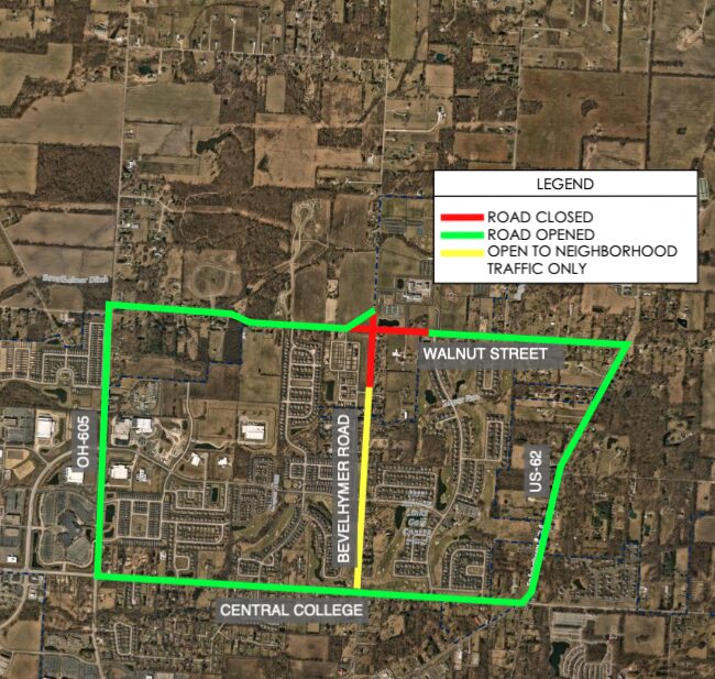 Aerial map highlighting road status with red lines for closed roads, green lines for open roads, and a yellow line for roads open to neighborhood traffic only, showing specific streets including Bevelhymer Road, Walnut Street, Central College, OH 605, and US 62 in a suburban area with residential and undeveloped land.