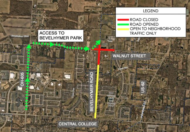 Aerial map showing road closures and openings near Bevelhymer Park with Walnut Street, Central College, US-62, and OH-605 labeled; red line indicates closed road on Bevelhymer Road, yellow line indicates road open to neighborhood traffic only, green dashed line shows open roads providing access to Bevelhymer Park.