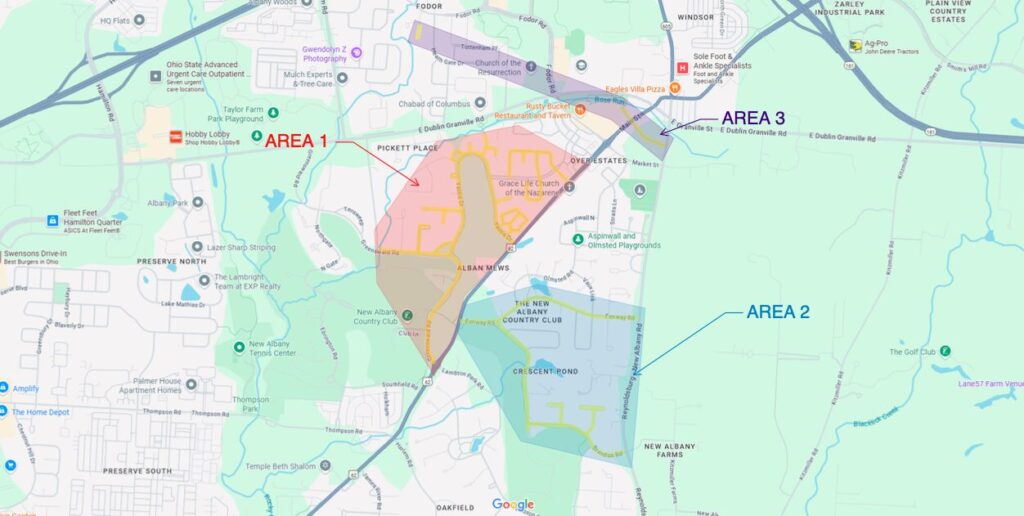 Map of New Albany neighborhood showing three colored overlays with arrows: AREA 1 in red over a northern residential section, AREA 2 in blue over a southeastern residential/pond area, and AREA 3 in purple on the northeast near a highway, with streets, parks, and local landmarks visible.