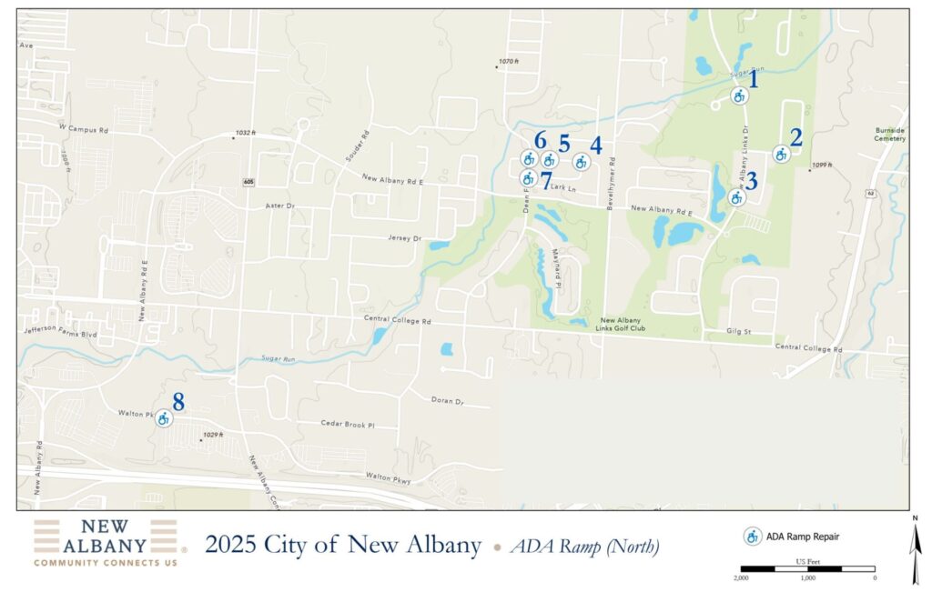 Map titled “2025 City of New Albany – ADA Ramp (North)” showing streets, green parkland and the New Albany Links Golf Club with eight numbered wheelchair-icon markers for ADA ramp repair sites (1–7 clustered near the golf course and 8 southwest), plus a scale bar, north arrow and city logo at the bottom.