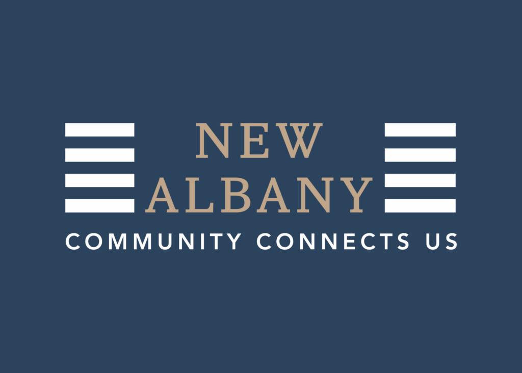 Centered logo on a deep blue background reading NEW ALBANY in tan serif type with the tagline COMMUNITY CONNECTS US in white below, flanked on each side by four short white horizontal bars.