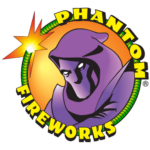Logo showing a stylized hooded purple phantom with glowing white eyes against an orange circular background, a green coiled fuse with a bright starburst at the top left, and bold yellow block letters arched around reading PHANTOM FIREWORKS.