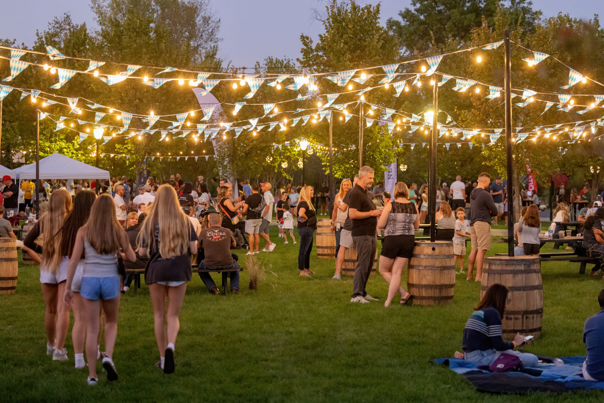 Evening outdoor festival on a grassy lawn with warm string lights and blue-and-white pennant bunting overhead, people mingling around picnic tables and wooden barrels near vendor tents and trees.