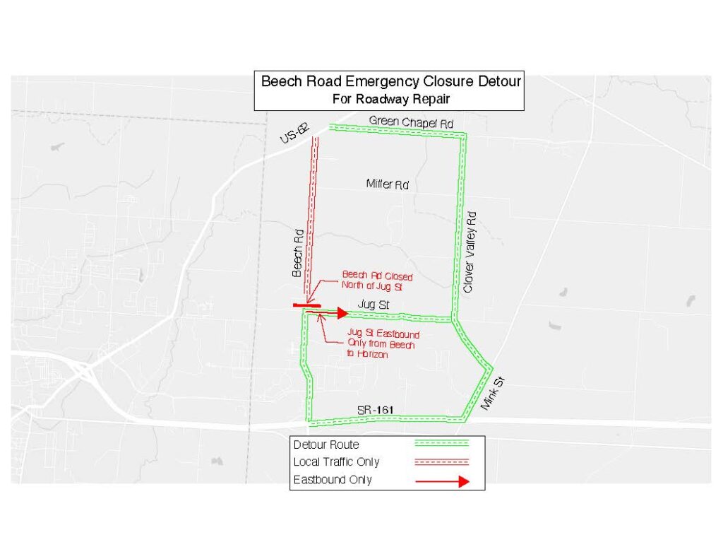 Map titled 'Beech Road Emergency Closure Detour for Roadway Repair' showing Beech Road closed north of Jug Street (red X) and local-traffic restriction, with a green dashed detour looping via Green Chapel Road, Clover Valley Road, SR-161 and Jug Street and a red arrow indicating Jug Street eastbound-only.