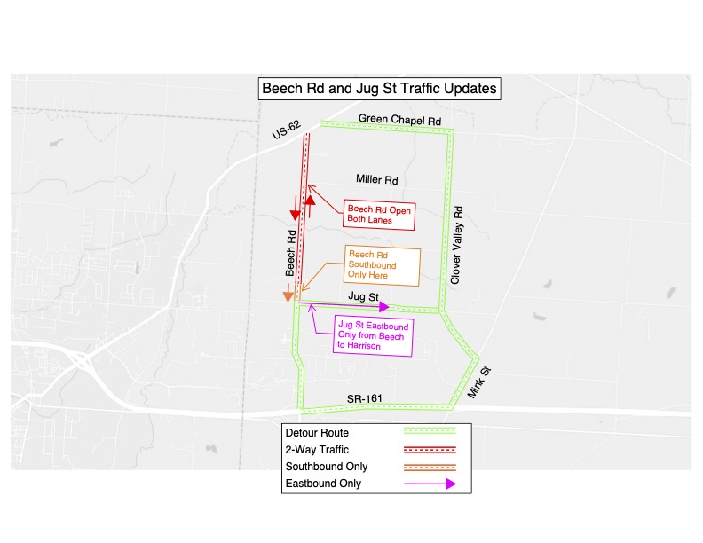 Map titled 'Beech Rd and Jug St Traffic Updates' showing Beech Rd, Jug St and nearby roads with a green dashed detour loop along Green Chapel Rd, Clover Valley Rd and SR-161, a red dashed two-way segment on Beech Rd, an orange marker for a southbound-only section on Beech near Jug St, a magenta arrow showing Jug St eastbound-only from Beech to Harrison, and a small legend explaining the color coding.