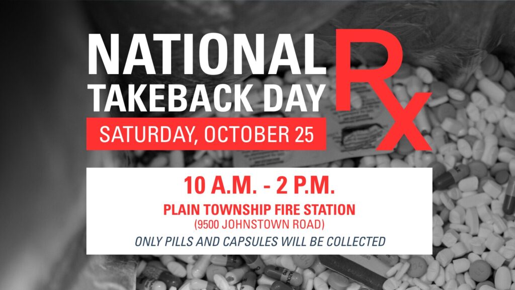 Poster for National Takeback Day with a large red RX over a grayscale background of scattered pills, announcing Saturday, October 25, 10 A.M.–2 P.M. at Plain Township Fire Station (9500 Johnstown Road) and noting only pills and capsules will be collected.