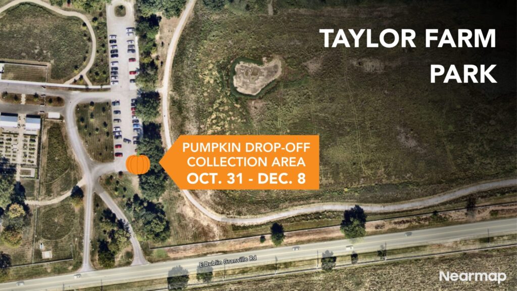 Aerial view of Taylor Farm Park showing a parking lot and trails near E Dublin Granville Road with an orange banner and pumpkin icon marking the pumpkin drop-off collection area (Oct. 31–Dec. 8).