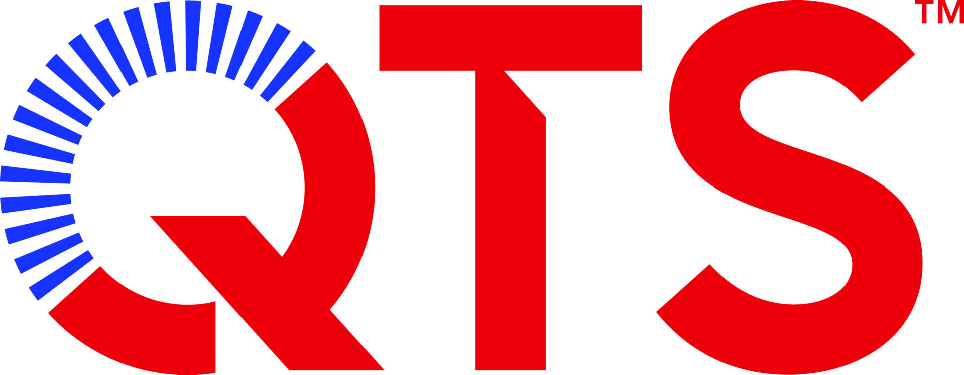 Bold red letters QTS logo with the Q completed by a blue radial segmented arc on the left and a small red trademark symbol in the top-right corner.