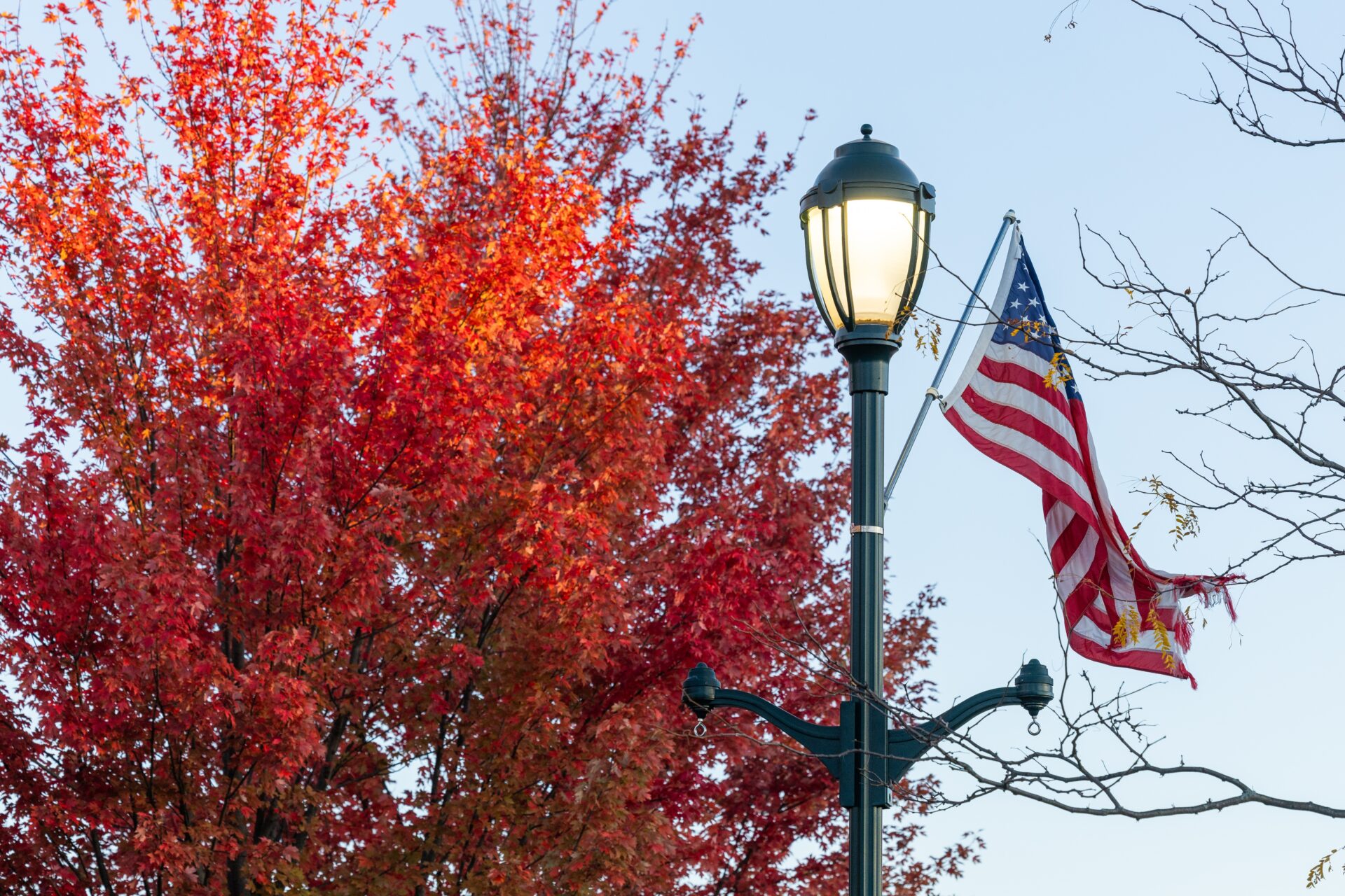 A lit black streetlamp next to a tattered American flag and vibrant red autumn tree leaves against a pale blue sky with a few bare branches.