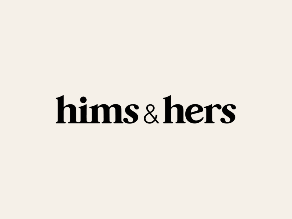 Logo reading hims & hers in black serif type on a light beige background.