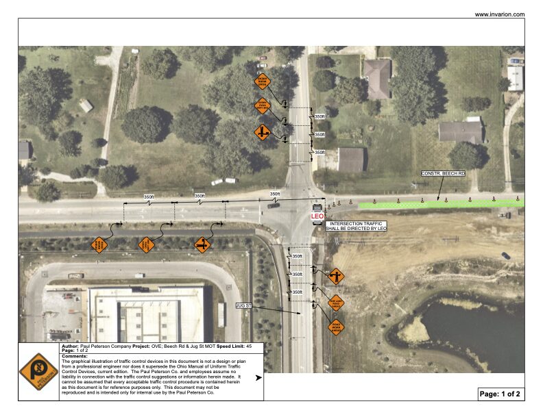 Aerial map of four-way intersection with construction traffic control, orange warning signs, cones and detour markings.