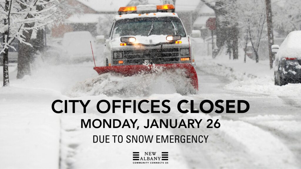 Snowplow clearing a snowy street with overlaid text: city offices closed Jan 26 for snow emergency